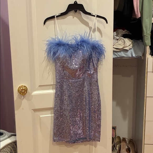 Windsor Blue Sequin Mini Dress with Feather Trim - Picture 1 of 3